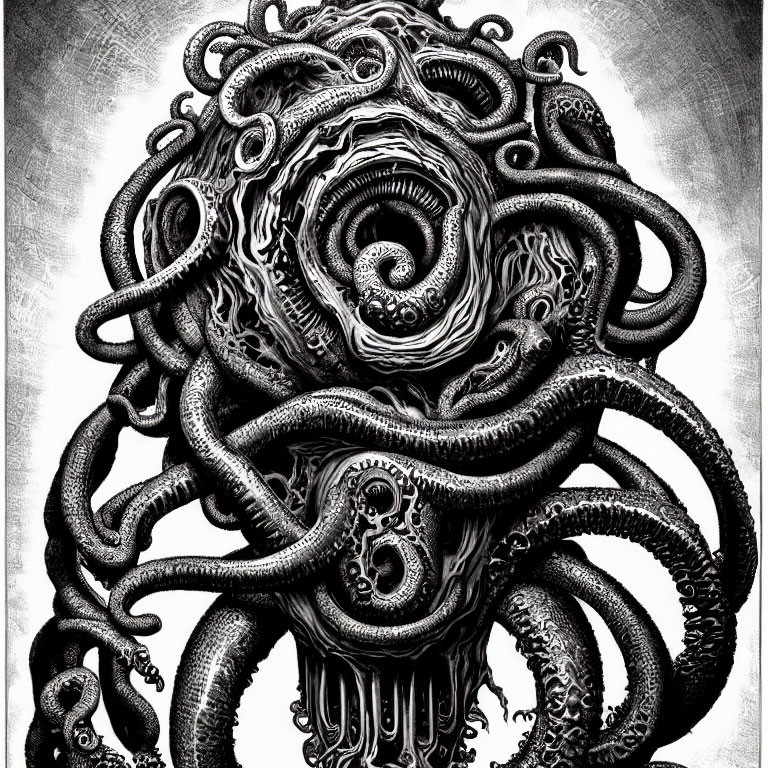 Monochromatic swirling tentacles and patterns in hypnotic vortex design.
