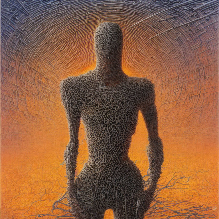 Intricate mesh pattern humanoid figure against orange backdrop