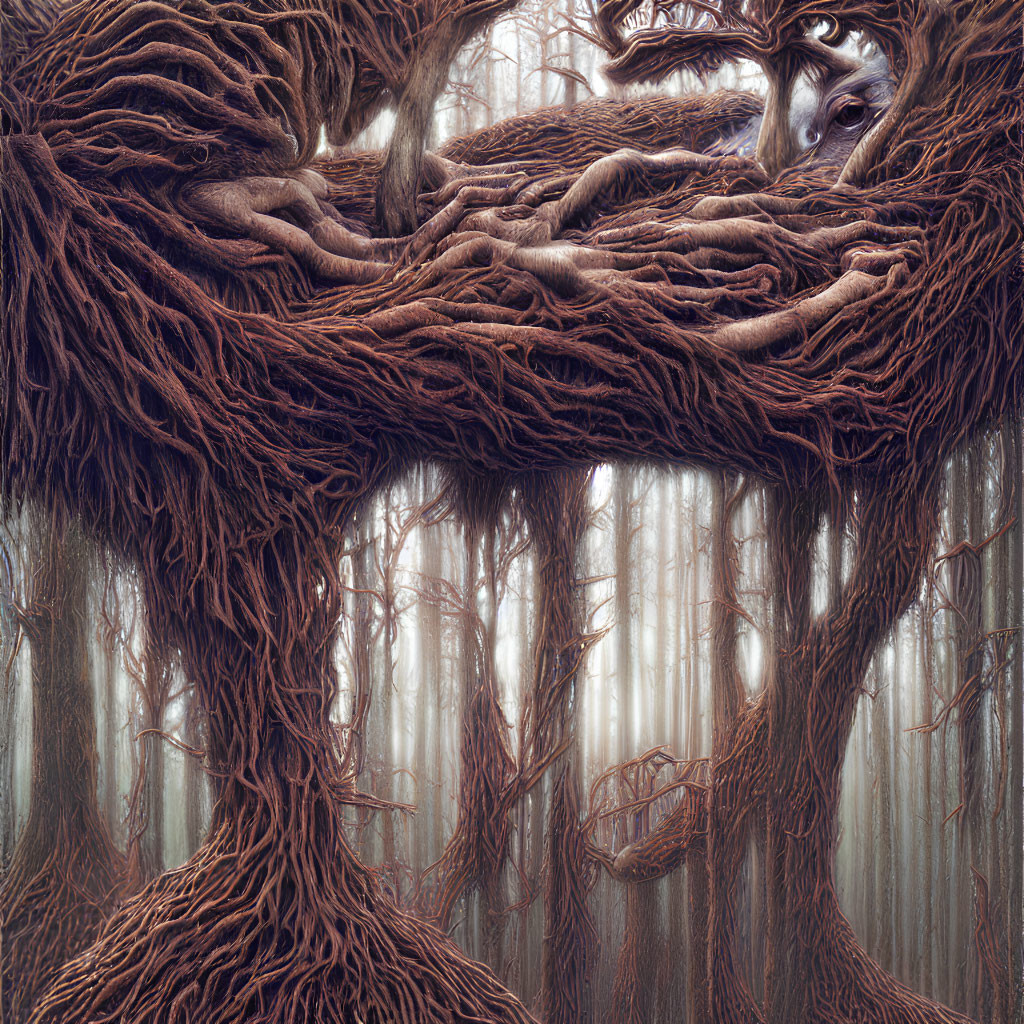 Surreal forest scene with intertwined tree roots and sleeping fox-like creature in misty backdrop