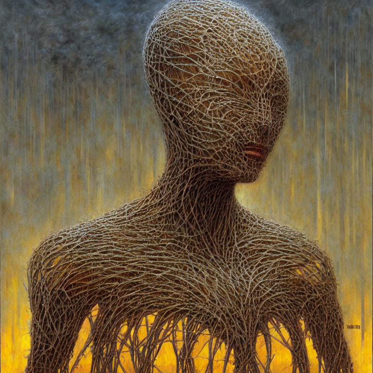 Interwoven Branches Humanoid Figure in Golden Light and Rain Texture