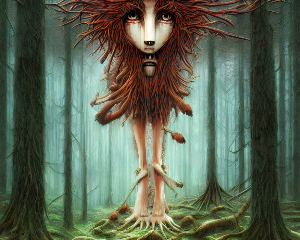 Mystical forest entity with owl-like face and tree-root legs