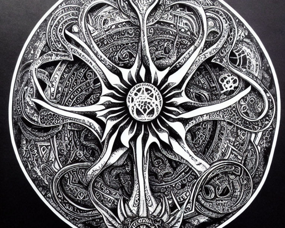 Detailed Black and White Mandala with Symmetrical Patterns