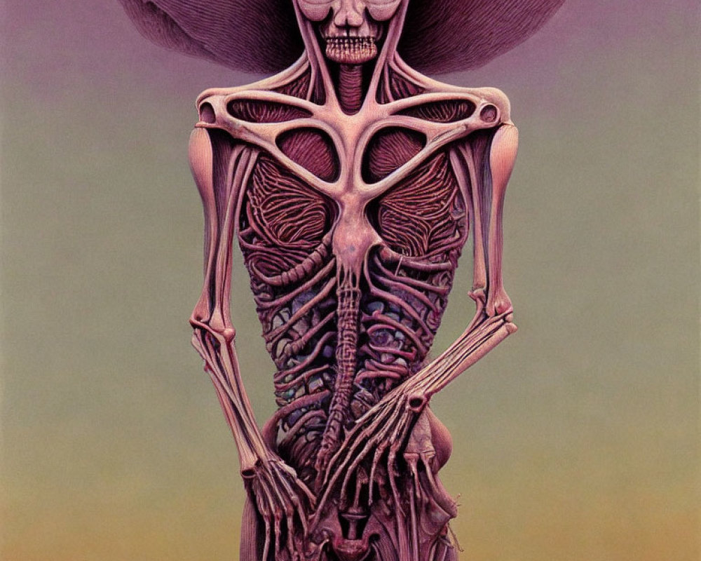 Skeletal figure with exposed organs and large hat in surreal illustration