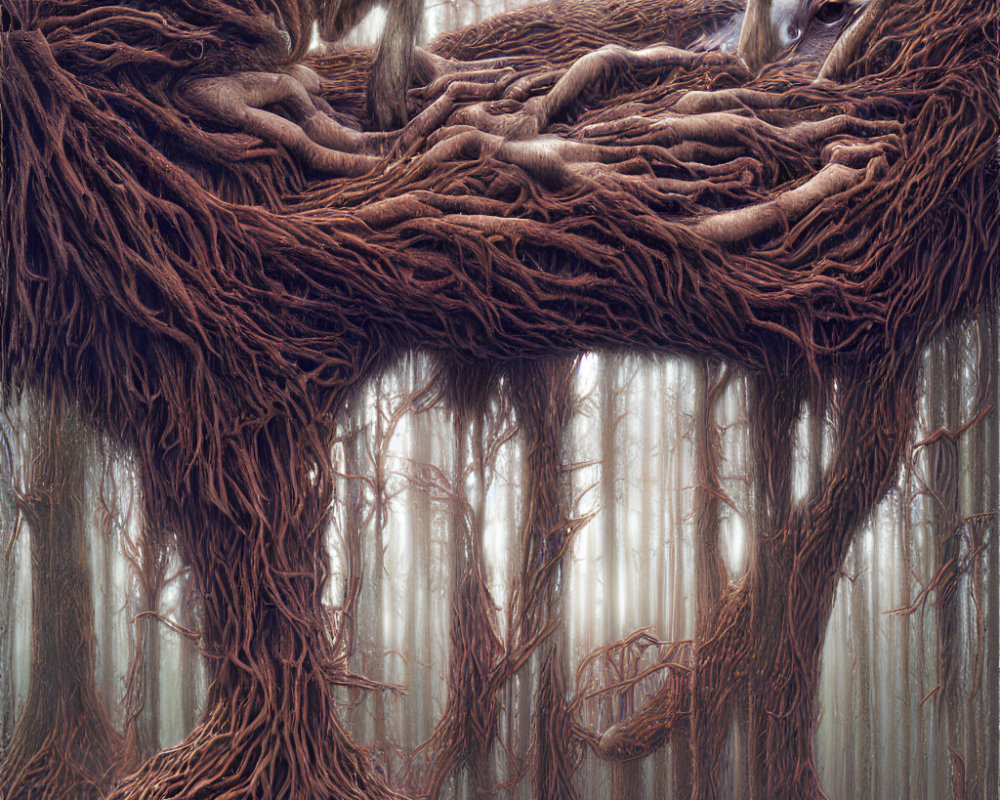 Surreal forest scene with intertwined tree roots and sleeping fox-like creature in misty backdrop