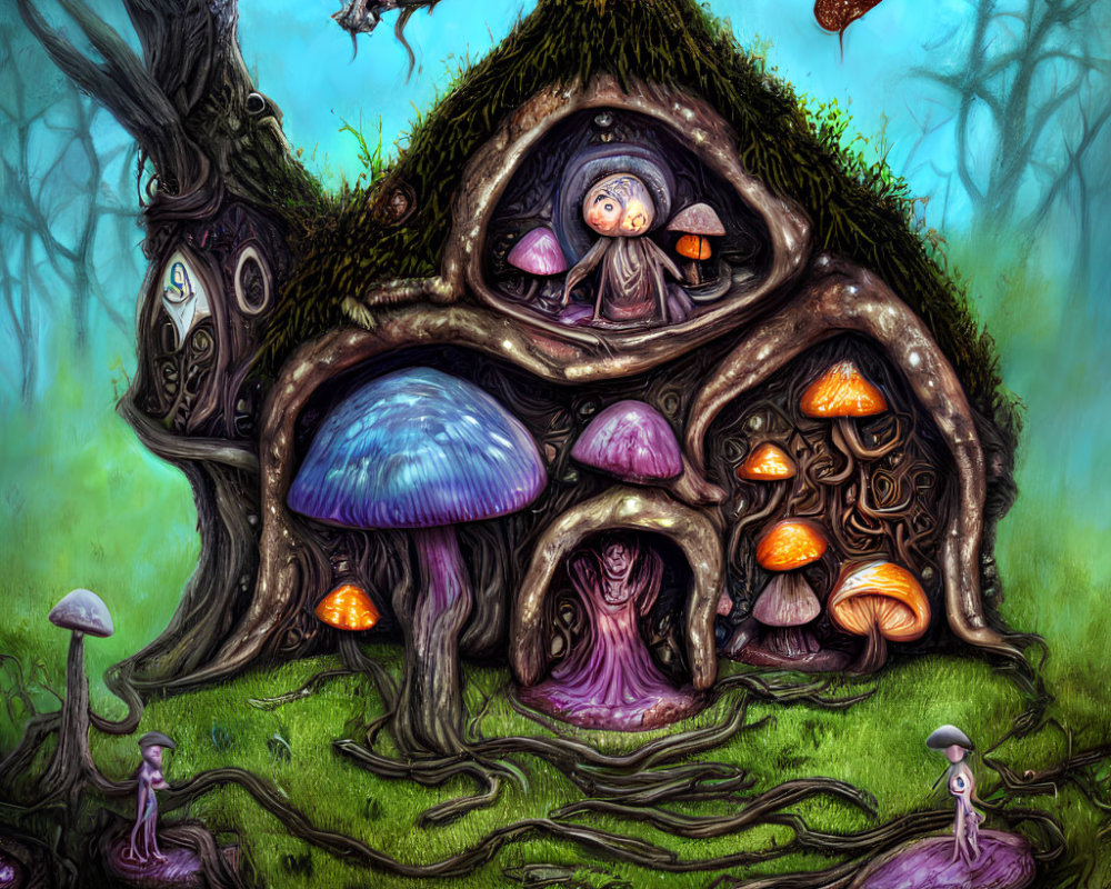 Illustration of whimsical treehouse face with person and vibrant mushrooms in mystical forest