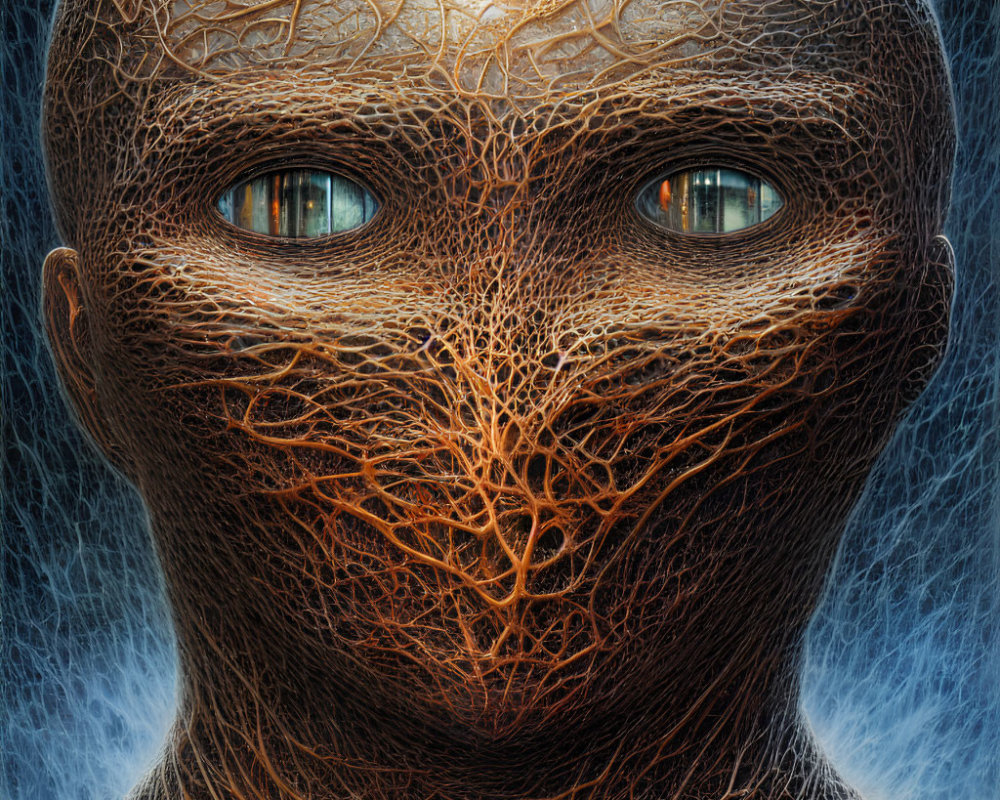 Detailed humanoid face with tree branch textures and striking eyes on blue background