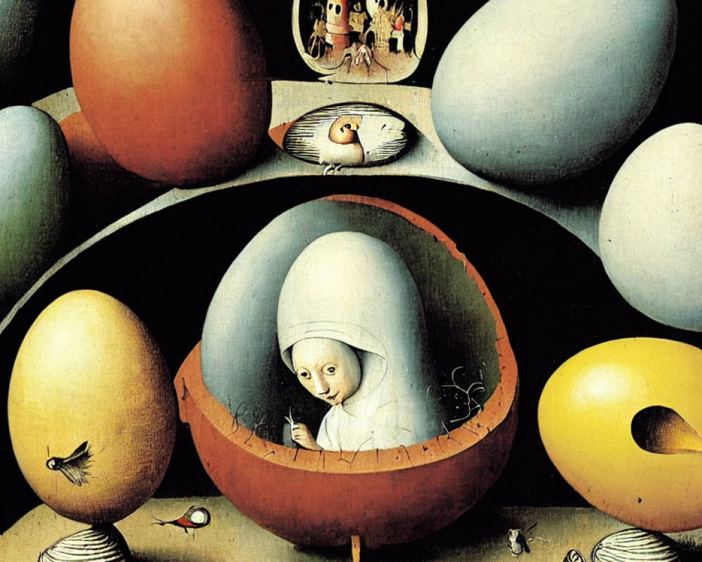 Surrealistic painting with oversized eggs, person writing, birds, and eye