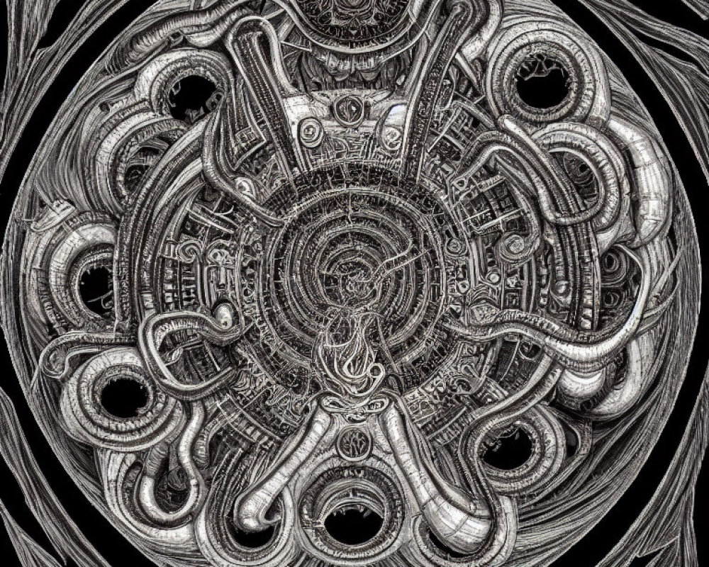 Circular Black and White Mandala with Mechanical and Organic Motifs