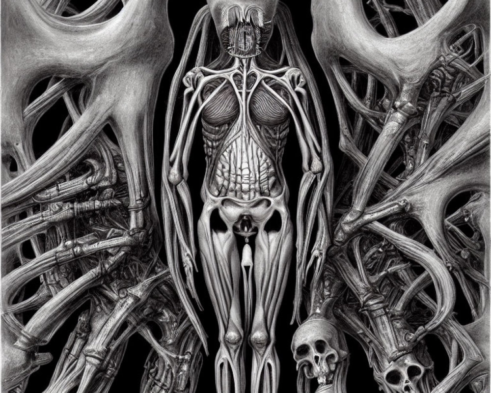 Detailed pencil drawing of human skeleton and skulls in gothic style