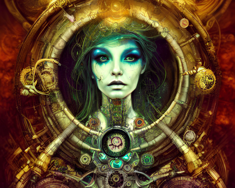Fantastical woman with teal eyes in steampunk setting on amber backdrop