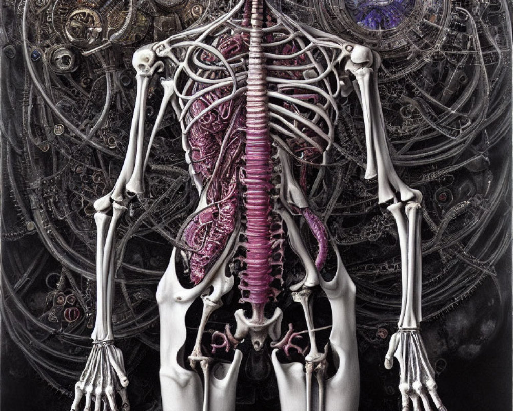 Detailed Human Skeleton with Steampunk Spine Illustration
