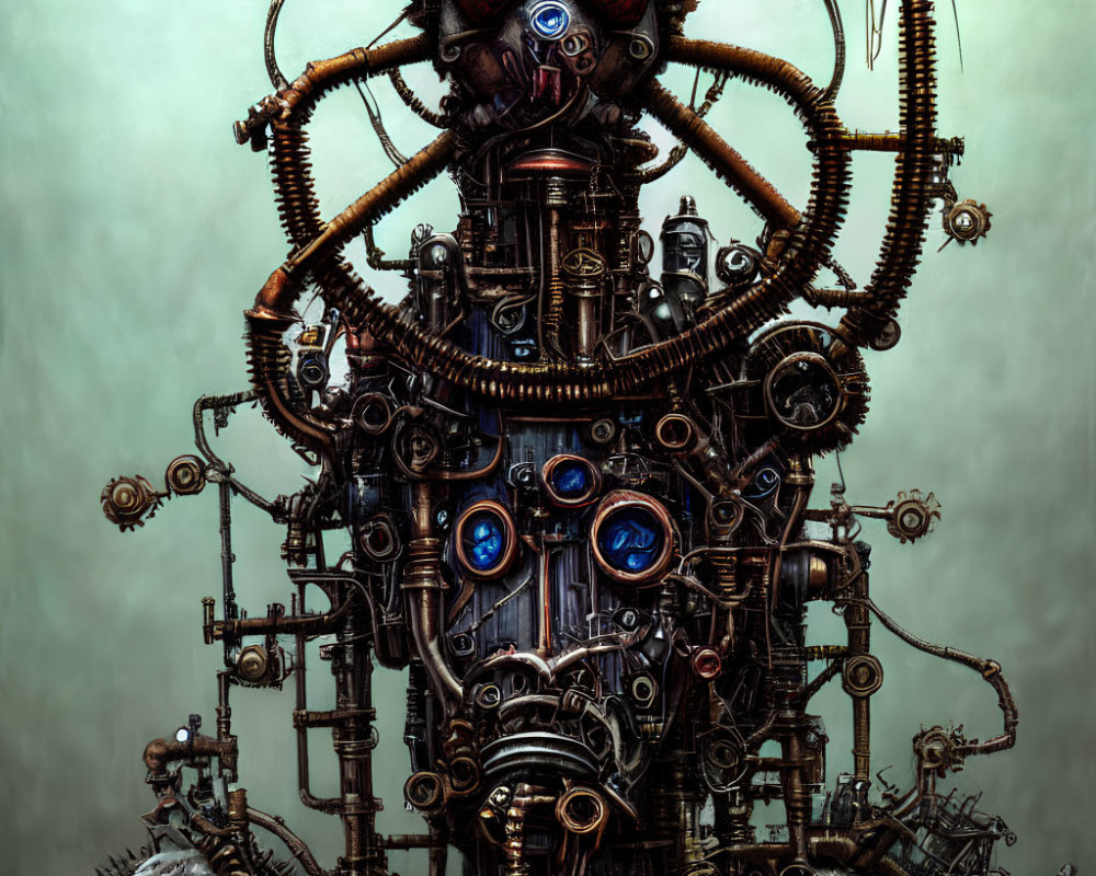 Steampunk-style mechanical construct with glowing eyes and intricate gears