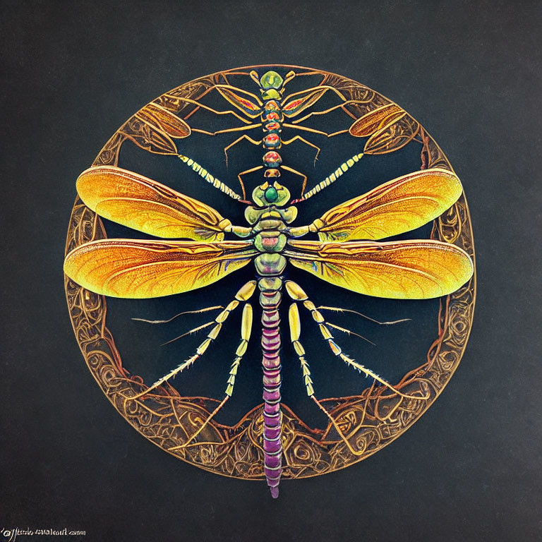 Detailed dragonfly illustration with intricate wing patterns on dark ornate background