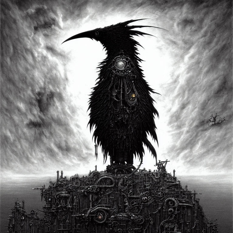 Monochrome artwork of raven on industrial cityscape under stormy sky
