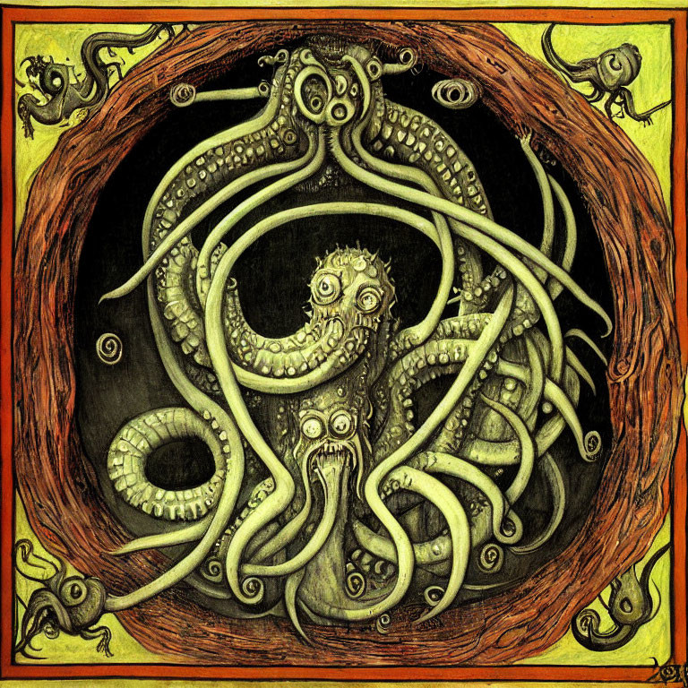 Detailed drawing: Central eye entity surrounded by tentacles with eyes in circular wood grain border