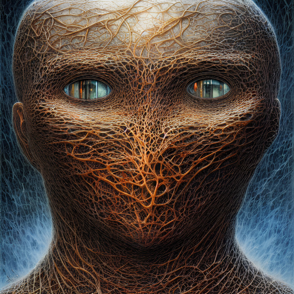 Detailed humanoid face with tree branch textures and striking eyes on blue background