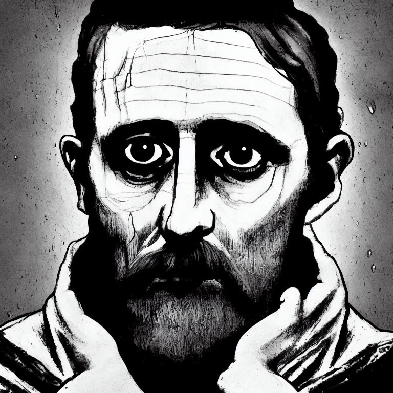 Detailed monochrome sketch of a man with intense eyes, prominent brows, and a beard.