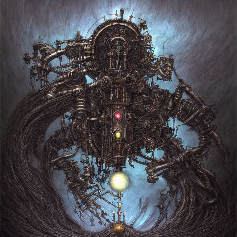 Detailed mechanical structure with gears, pipes, and orbs on textured background