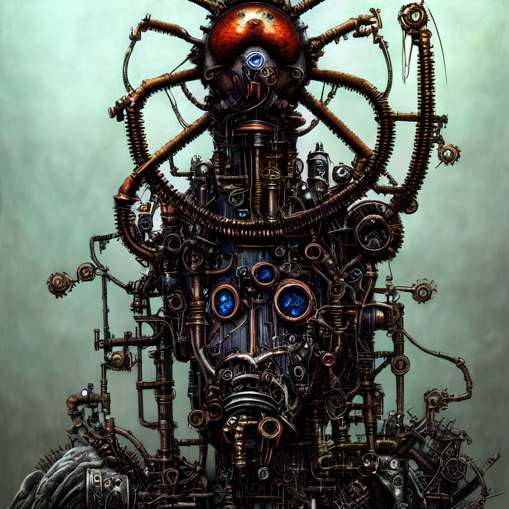 Steampunk-style mechanical construct with glowing eyes and intricate gears