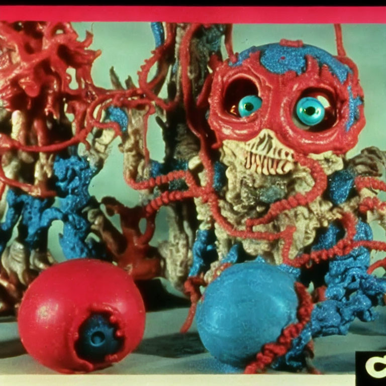 Vibrant red and blue sculpture with eye-like structures and intricate details