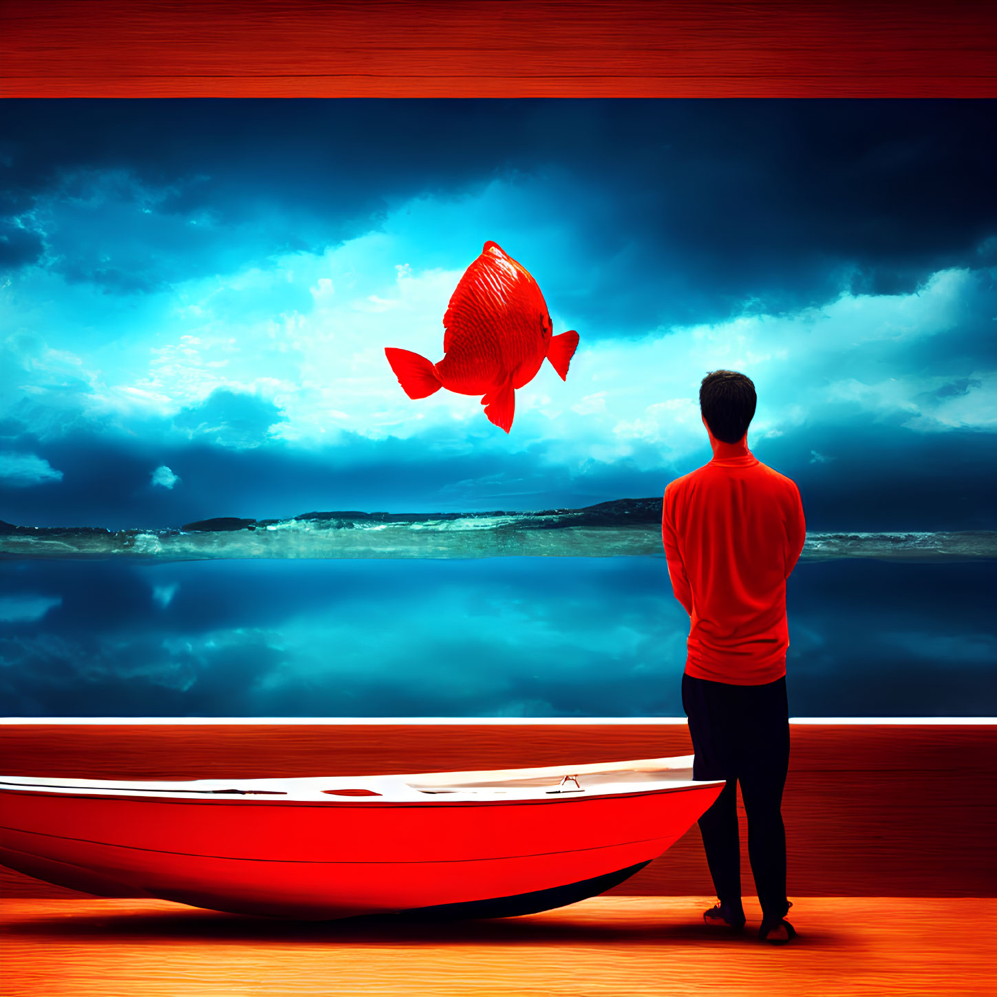 Red-shirted person with giant red fish above surreal scene