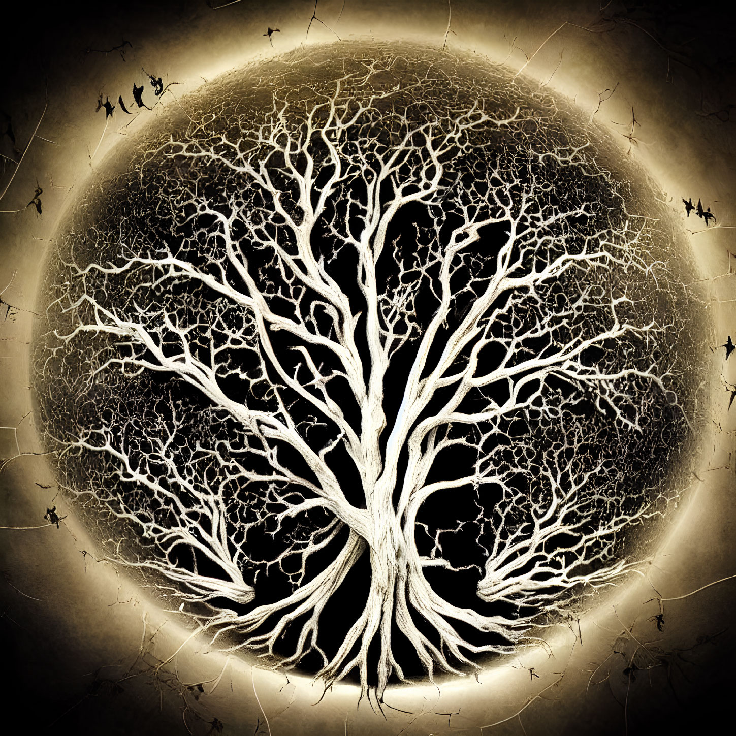 Intricate tree branches on dark circular backdrop resemble eye or celestial body