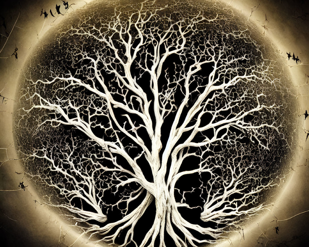Intricate tree branches on dark circular backdrop resemble eye or celestial body