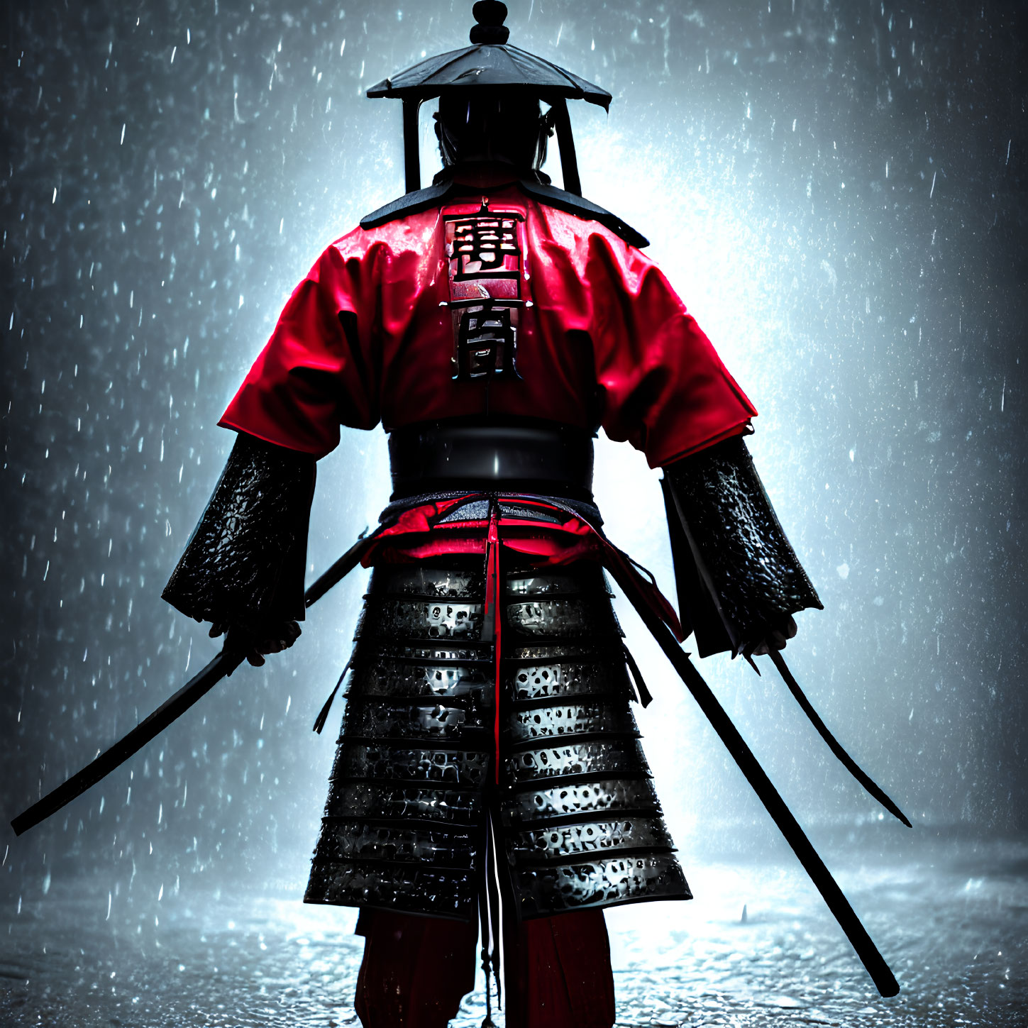 Traditional Samurai Armor Figure Standing in Night Rain