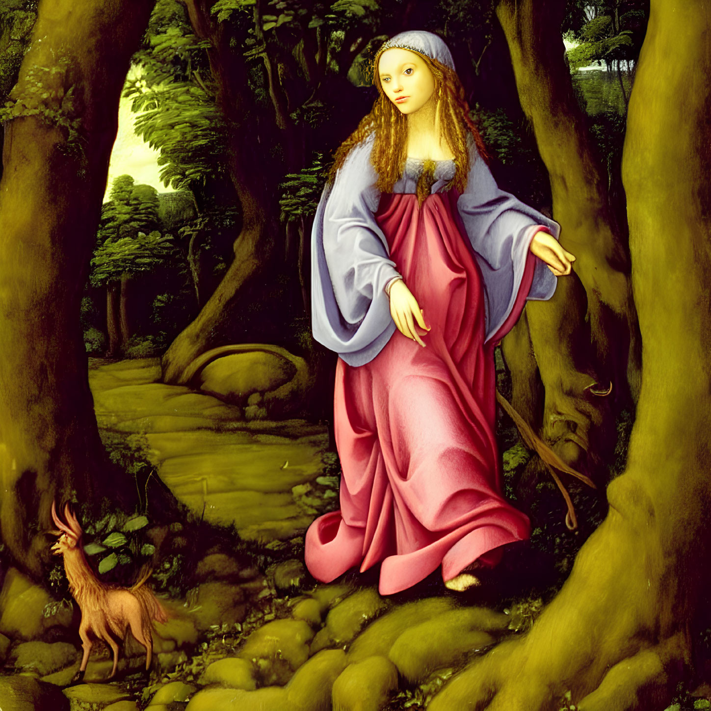 Woman in Red Dress and Blue Cloak with Deer in Forest Scene