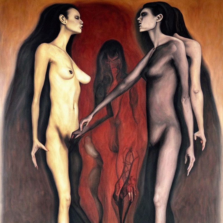 Abstract painting of two nude figures with elongated features and shadowy figure.