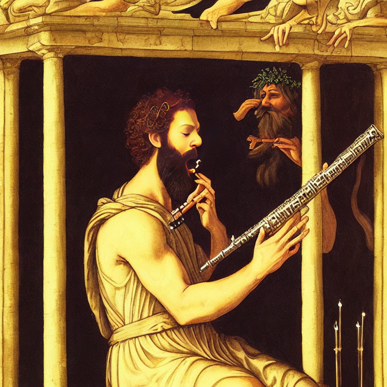 Classically dressed man playing pan flute in ornate setting