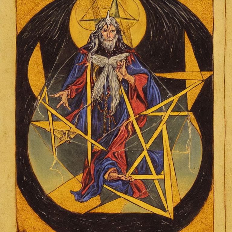 Detailed illustration of old wizard in blue and red robes within pentagram on crescent moon backdrop