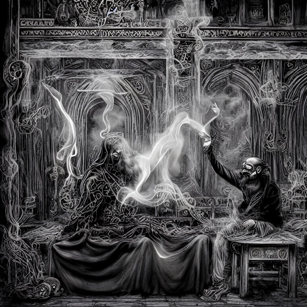 Monochrome illustration of bearded man creating smoke patterns in ornate room