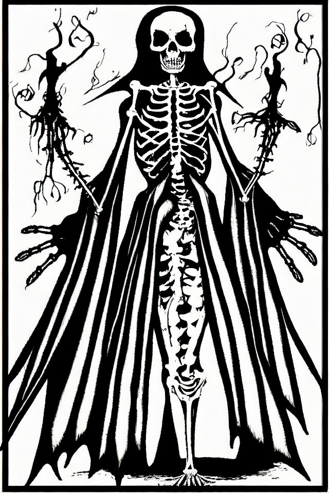 Monochromatic skeletal figure with cloak and fiery elements
