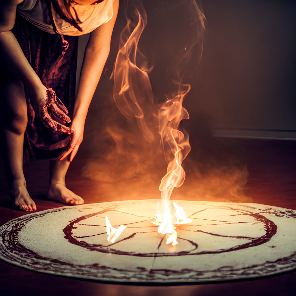Person performing ritual in candlelit sigil with mysterious smoke - evoking mystical atmosphere