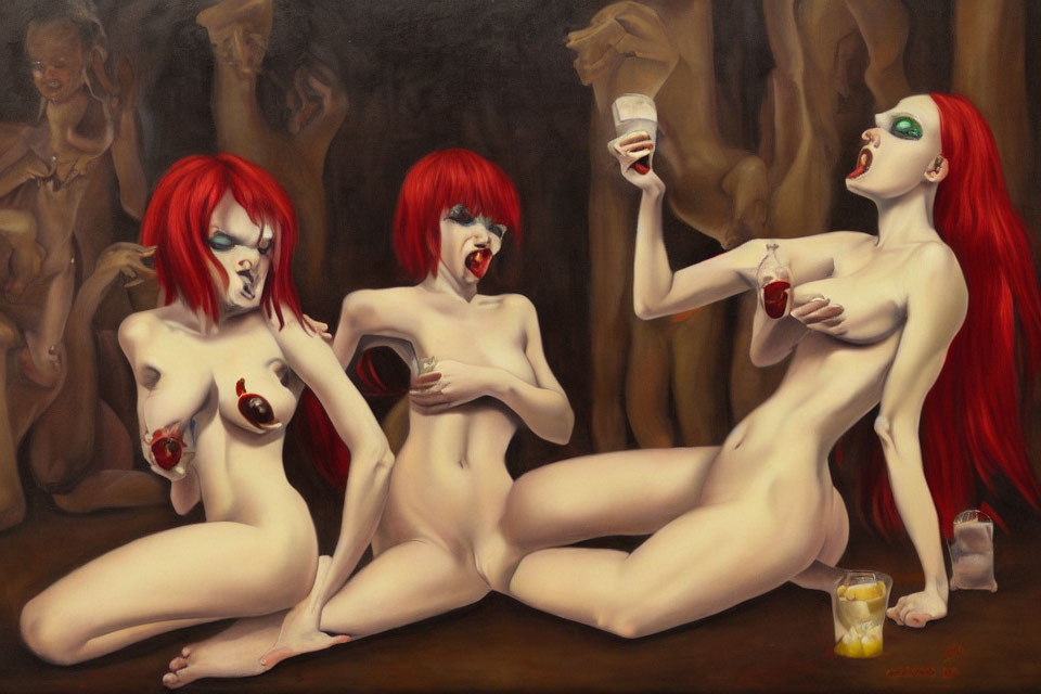 Three pale figures with red hair and green eyes seated with drinks in a dark setting.