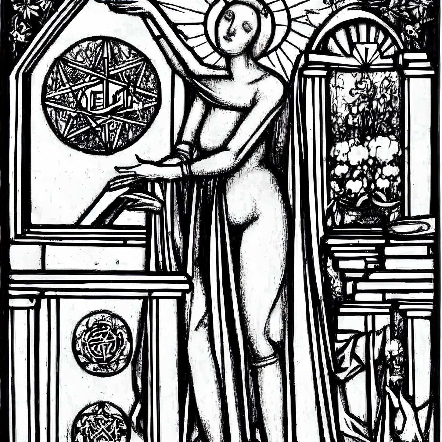 Monochrome line art of haloed figure in stained glass window design