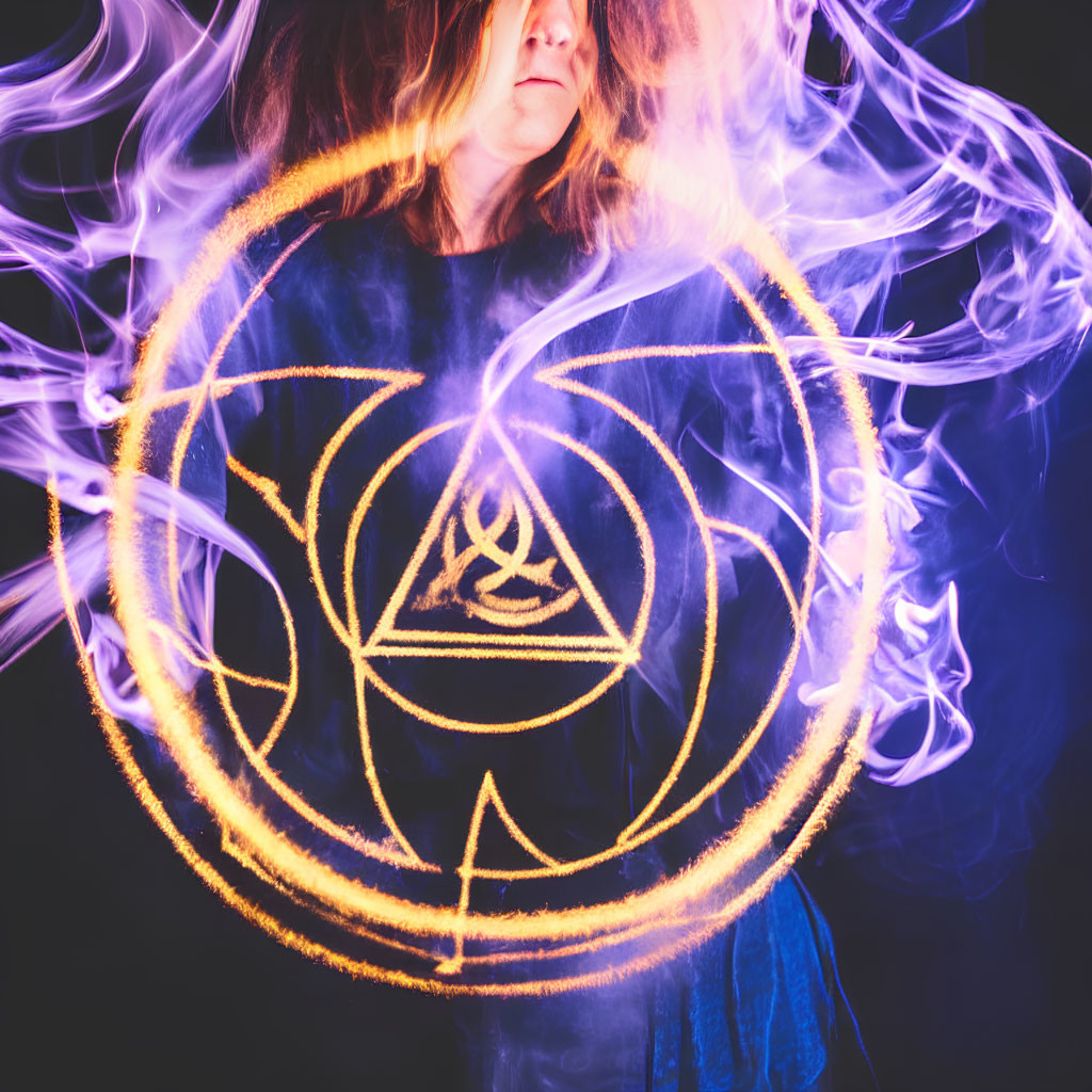 Person with obscured face surrounded by blue smoke and golden alchemical symbol.