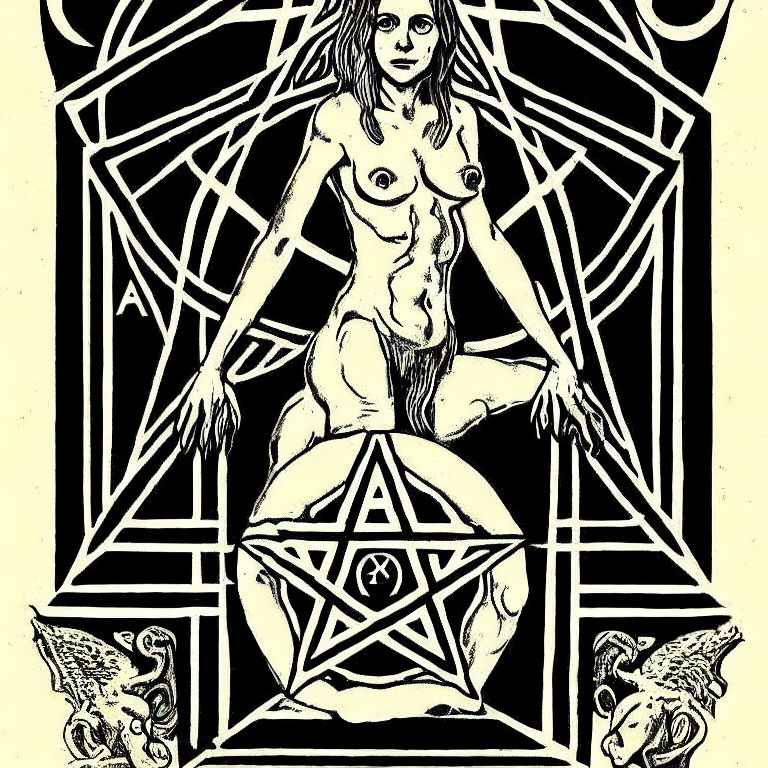 Monochrome illustration of nude female figure in pentagram with geometric patterns & ram-headed figures