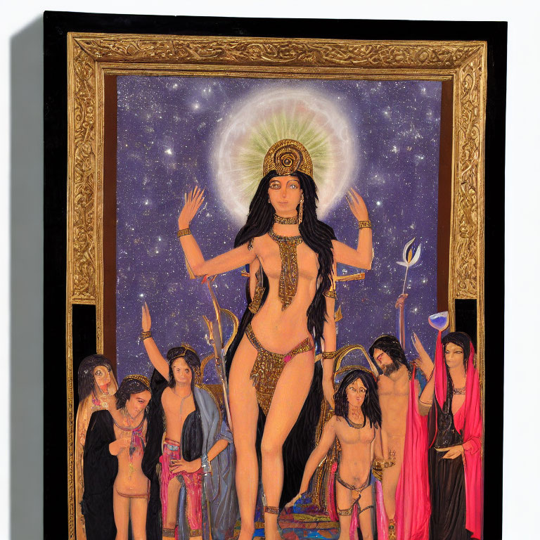 Central goddess with multiple arms in starry background and flanked by smaller figures