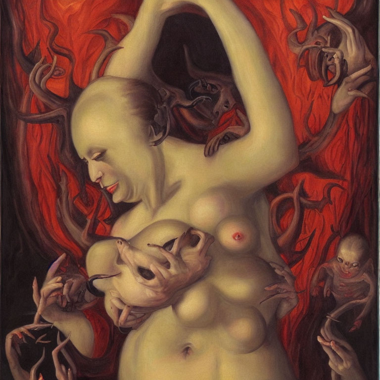 Surreal painting with multi-breasted figure and sinister creatures