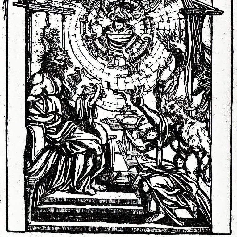 Woodcut of celestial scene with angelic figure and scholars in discussion.