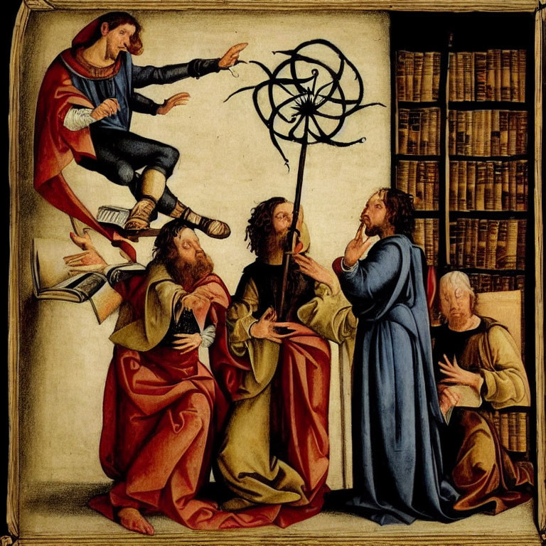 Medieval painting of four robed men discussing with celestial diagram and books shelves