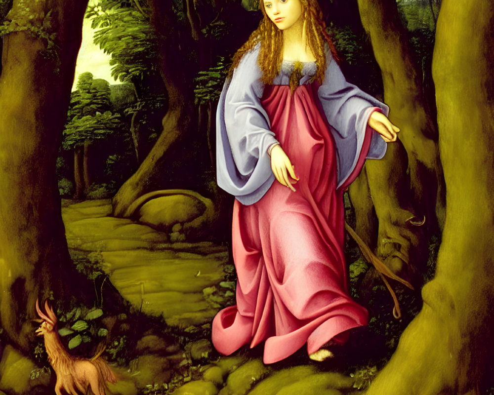Woman in Red Dress and Blue Cloak with Deer in Forest Scene