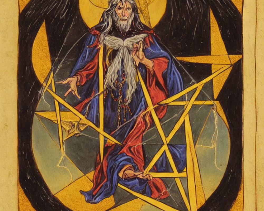 Detailed illustration of old wizard in blue and red robes within pentagram on crescent moon backdrop