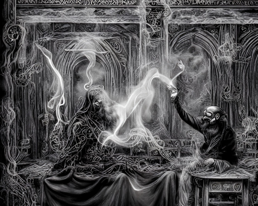 Monochrome illustration of bearded man creating smoke patterns in ornate room