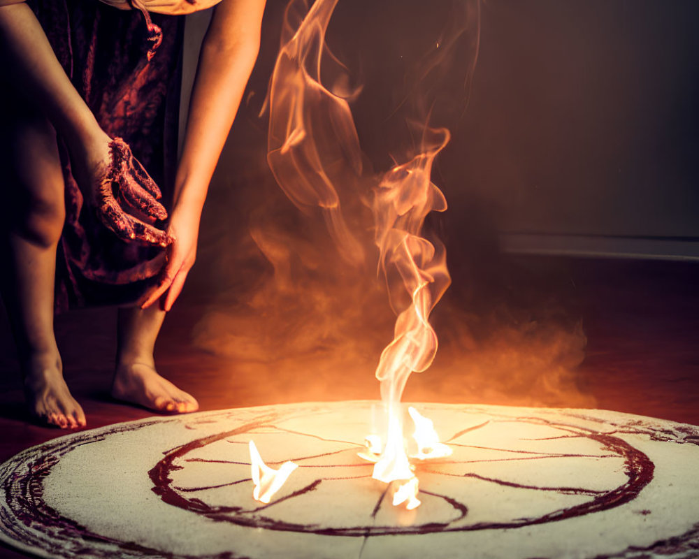 Person performing ritual in candlelit sigil with mysterious smoke - evoking mystical atmosphere