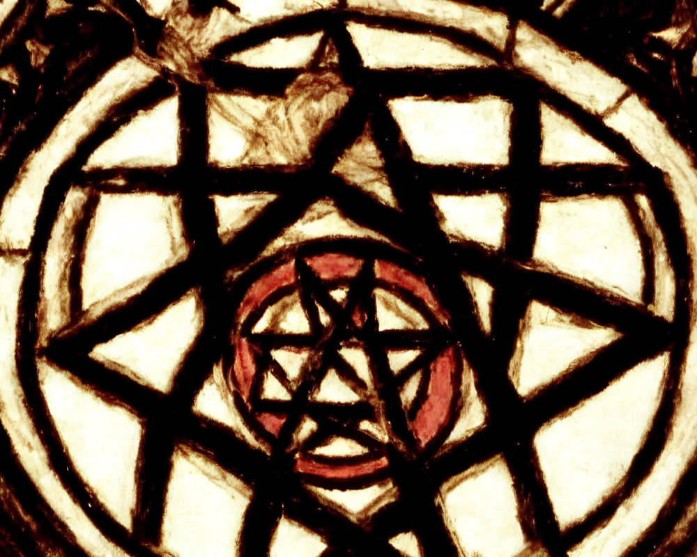 Geometric pattern stained glass window with pentagram and circles