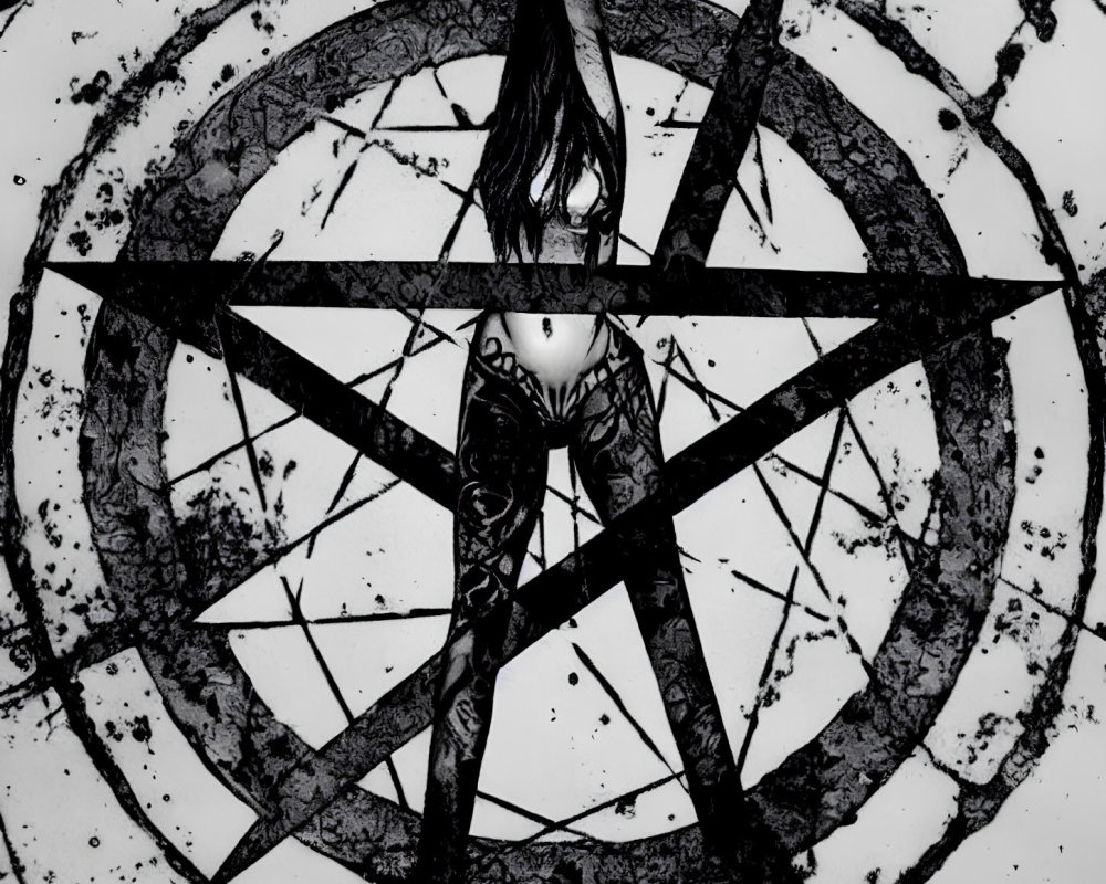 Monochrome image of person with long hair in circular pentagram design