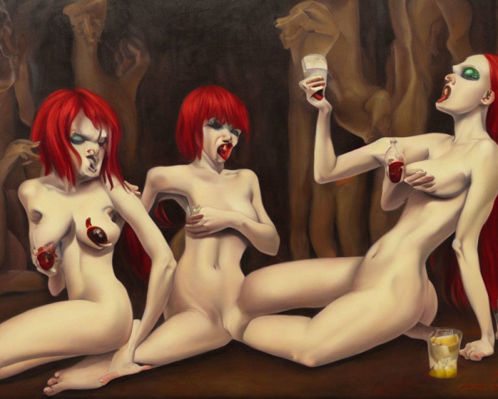Three pale figures with red hair and green eyes seated with drinks in a dark setting.
